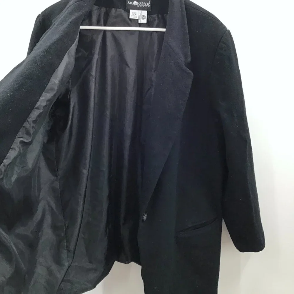 Vintage 22W Pure New Wool Blazer Black 1-Button Fully Lined Classic 1990s Boxy